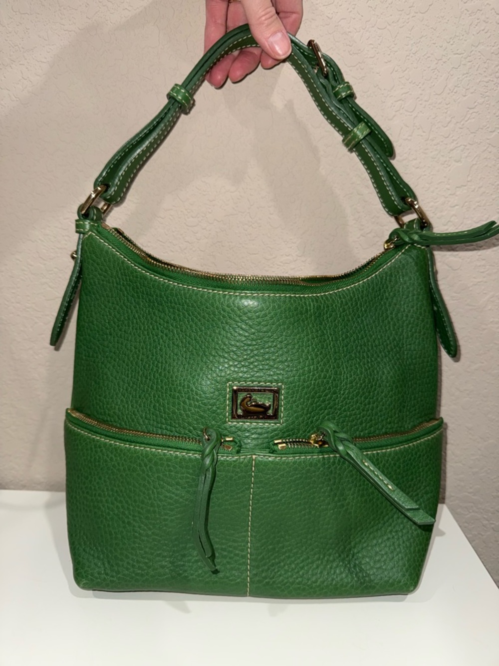 Dooney & Bourke Green Pebble Leather Shoulder Bag with Gold Hardware